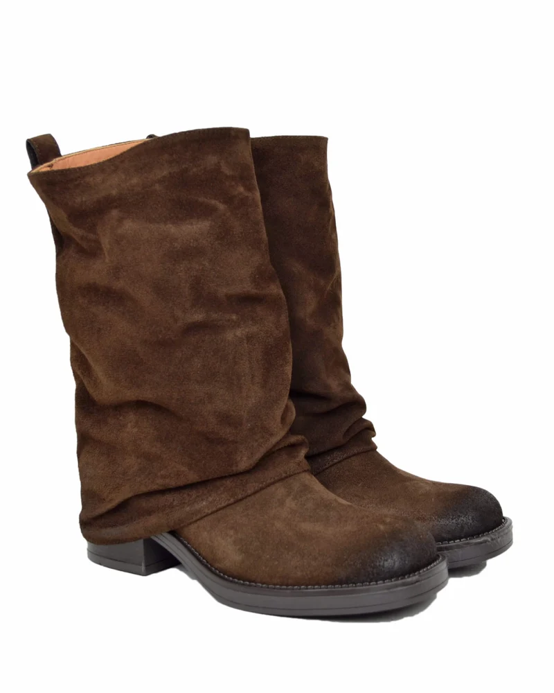 Biker con Ghetta Punta Quadrata Mid-High Pelle Scamosciata Testa di Moro