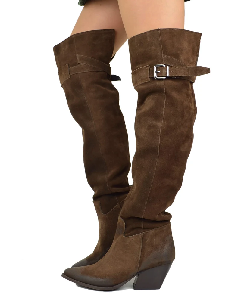 Stivali Texani Alti Overknee Marroni con Fibbia in Pelle Scamosciata Made in Italy