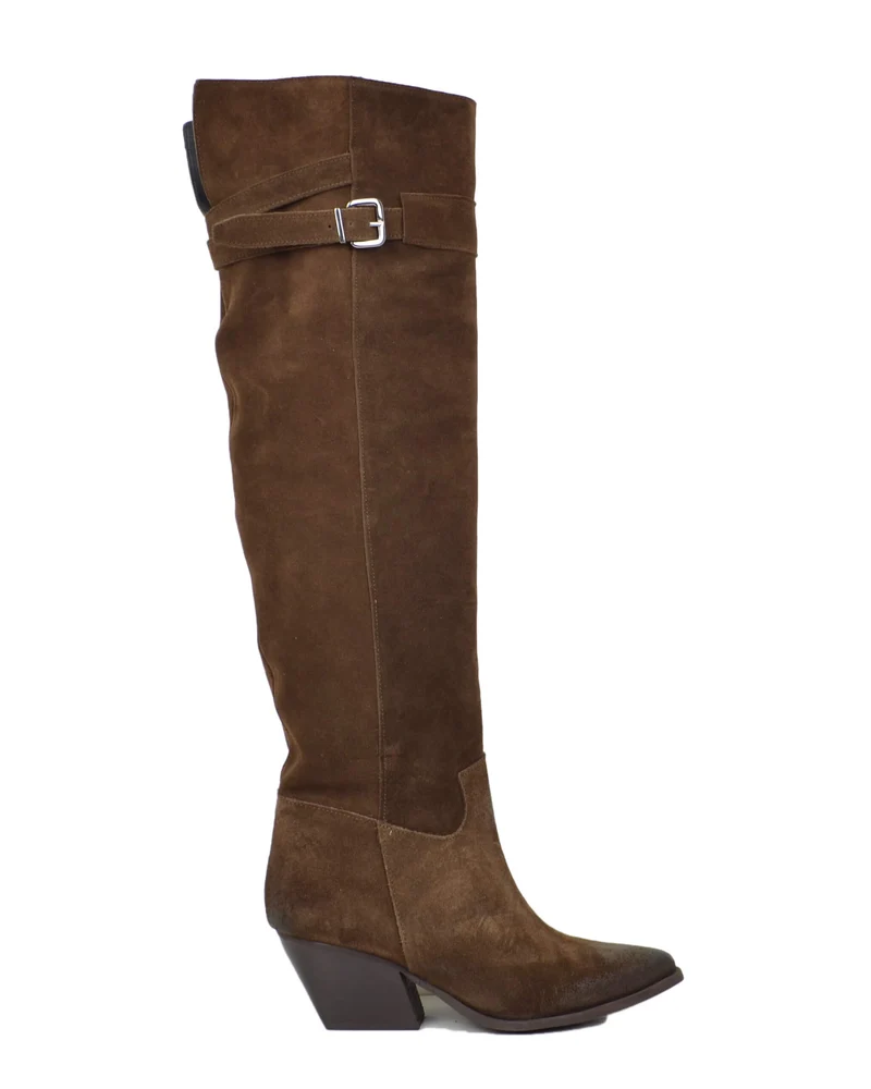 Stivali Texani Alti Overknee Marroni con Fibbia in Pelle Scamosciata Made in Italy