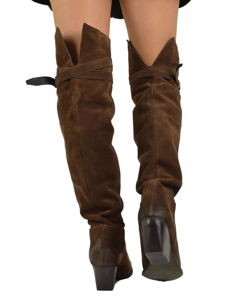 Stivali Texani Alti Overknee Marroni con Fibbia in Pelle Scamosciata Made in Italy
