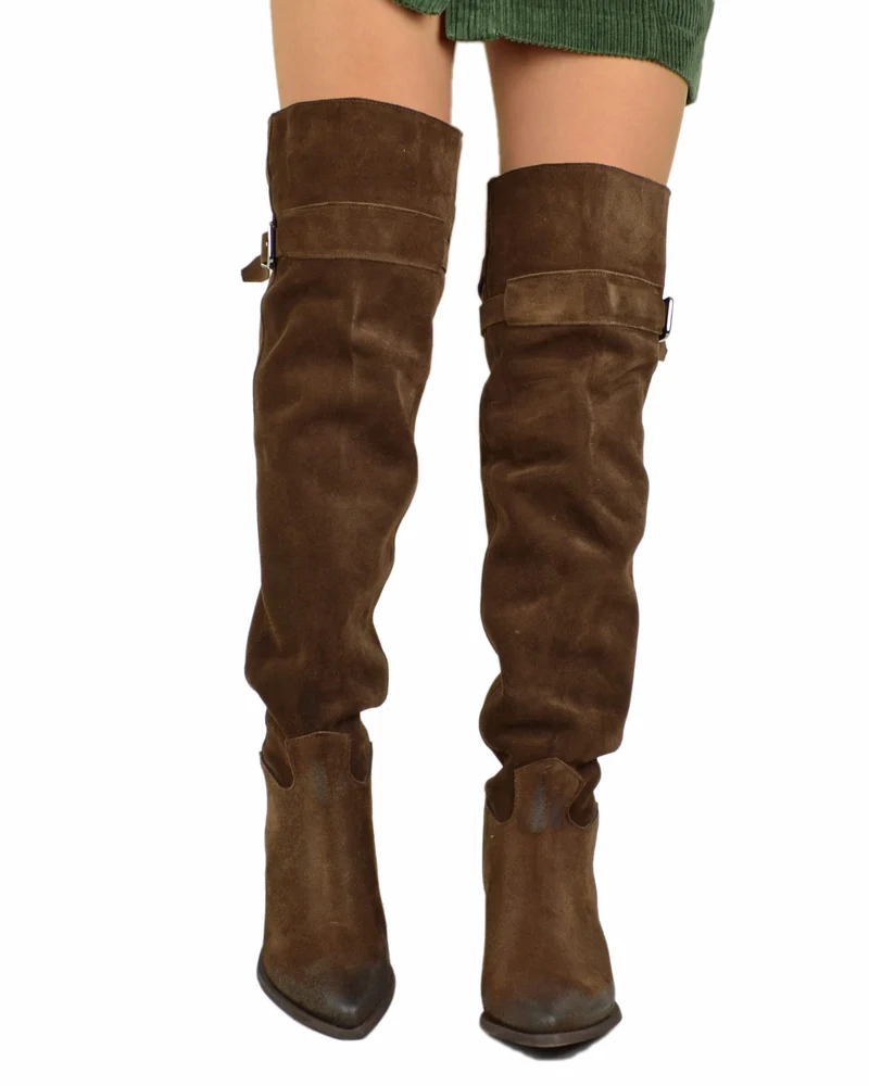 Stivali Texani Alti Overknee Marroni con Fibbia in Pelle Scamosciata Made in Italy
