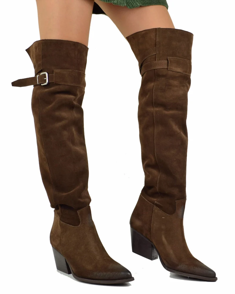 Stivali Texani Alti Overknee Marroni con Fibbia in Pelle Scamosciata Made in Italy