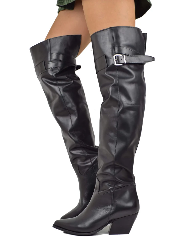 Stivali Texani Alti Overknee Neri con Fibbia in Pelle Made in Italy