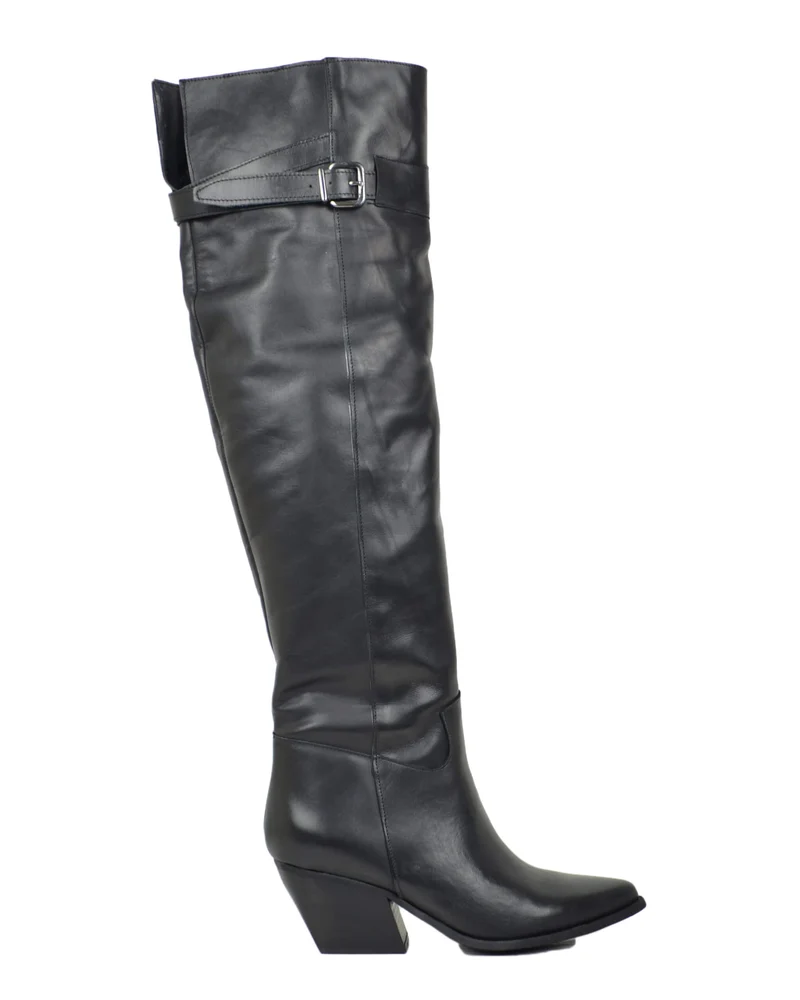 Stivali Texani Alti Overknee Neri con Fibbia in Pelle Made in Italy