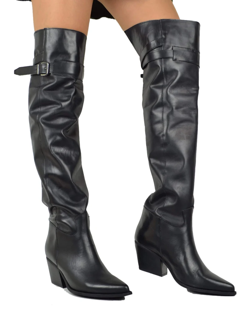 Stivali Texani Alti Overknee Neri con Fibbia in Pelle Made in Italy