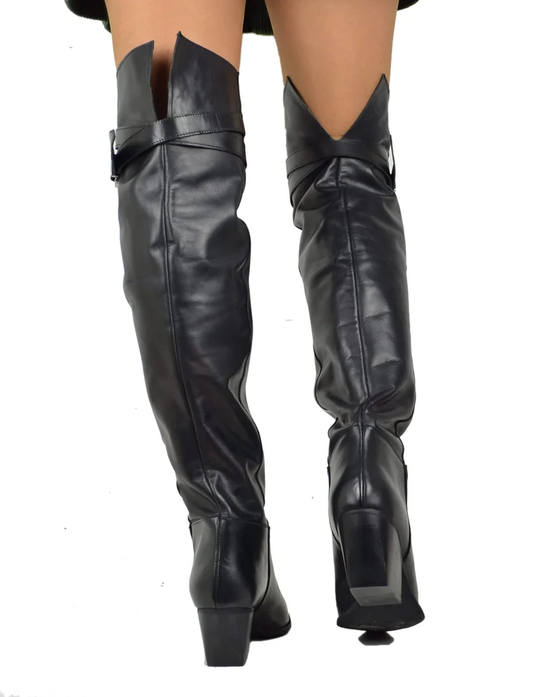 Stivali Texani Alti Overknee Neri con Fibbia in Pelle Made in Italy