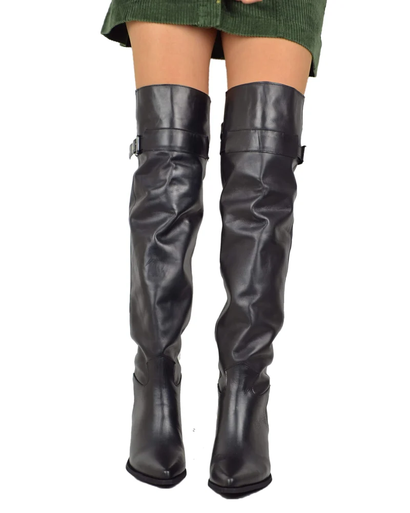 Stivali Texani Alti Overknee Neri con Fibbia in Pelle Made in Italy