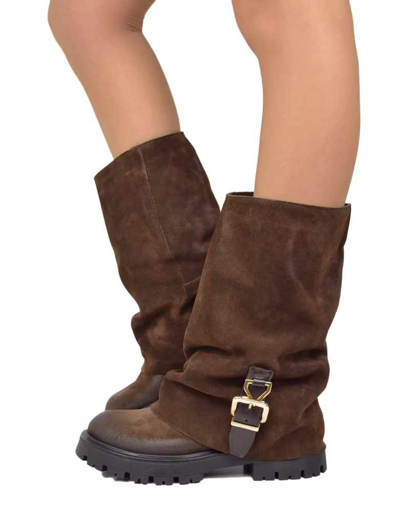Stivali Biker con Ghetta e Fibbia Marrone in Pelle Scamosciata Made in Italy