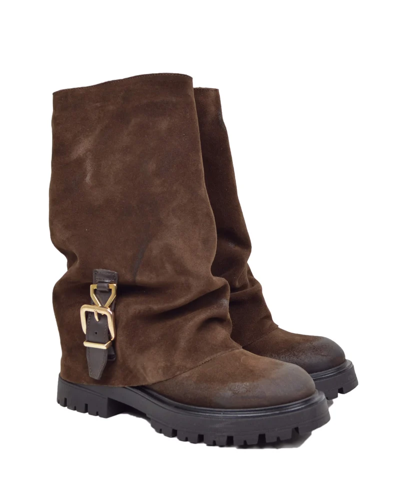 Stivali Biker con Ghetta e Fibbia Marrone in Pelle Scamosciata Made in Italy
