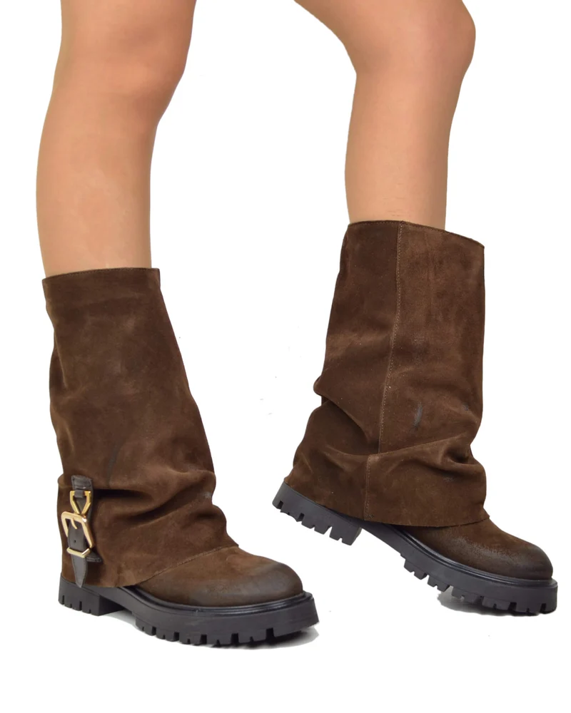 Stivali Biker con Ghetta e Fibbia Marrone in Pelle Scamosciata Made in Italy