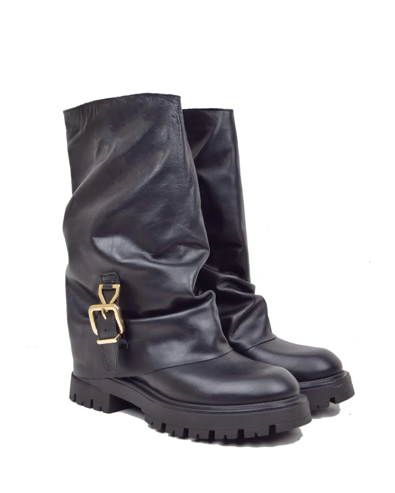 Stivali Biker con Ghetta e Fibbia Neri in Pelle Made in Italy