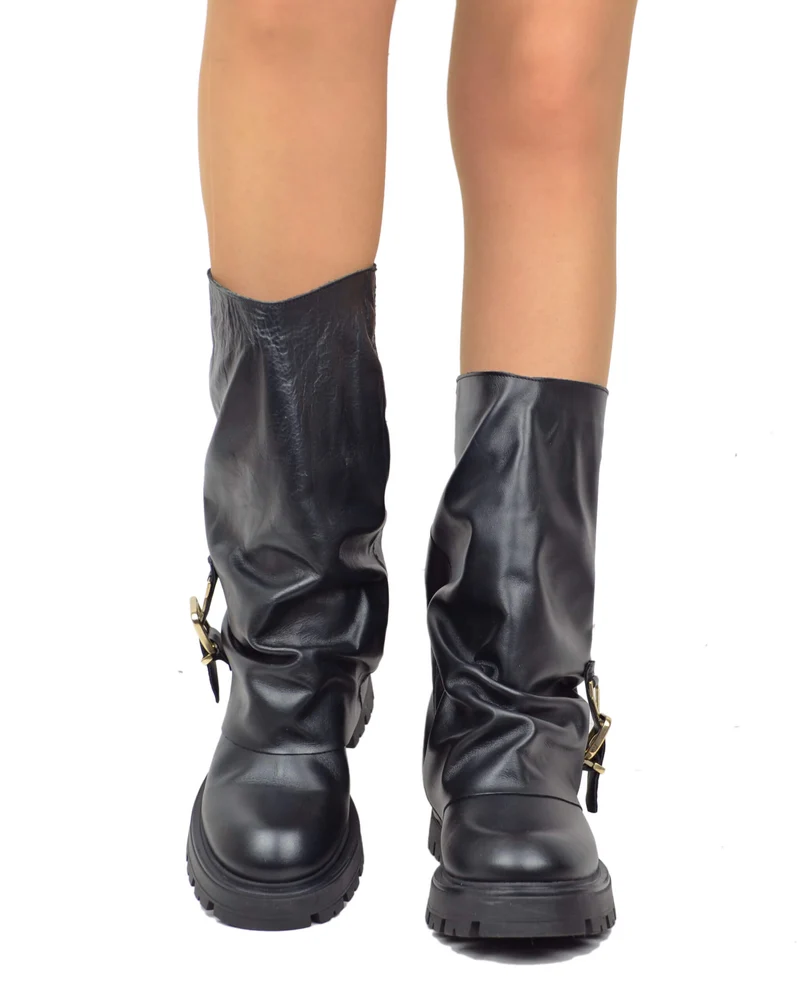 Stivali Biker con Ghetta e Fibbia Neri in Pelle Made in Italy