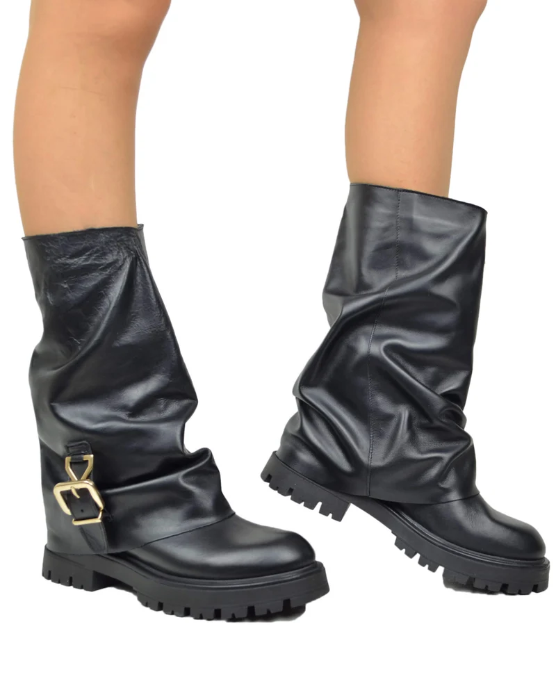 Stivali Biker con Ghetta e Fibbia Neri in Pelle Made in Italy