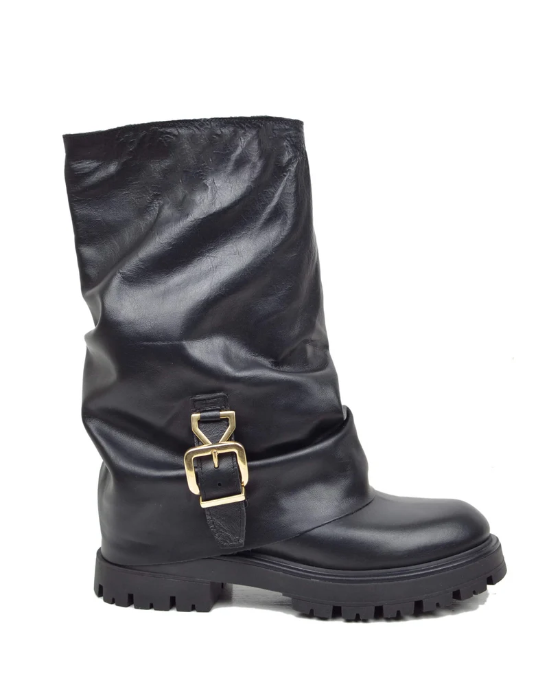 Stivali Biker con Ghetta e Fibbia Neri in Pelle Made in Italy