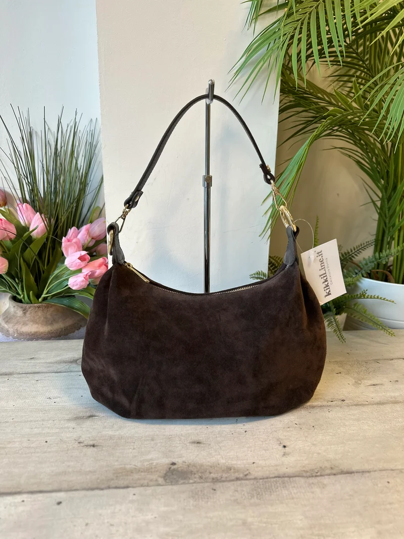 Borsa a Spalla Anelli Dorati Pelle Scamosciata Marrone Cioccolato Plissettata