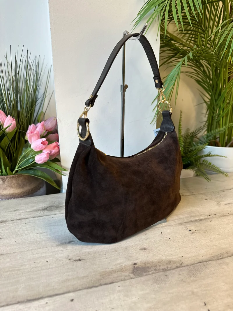 Borsa a Spalla Anelli Dorati Pelle Scamosciata Marrone Cioccolato Plissettata