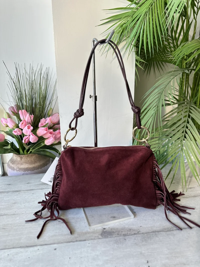 Borsa a Spalla con Manici in Pelle Frange Laterali Marrone Bordeaux