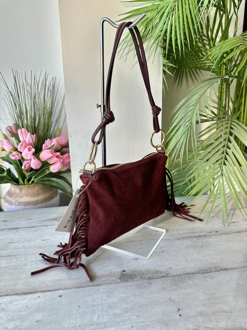 Borsa a Spalla con Manici in Pelle Frange Laterali Marrone Bordeaux