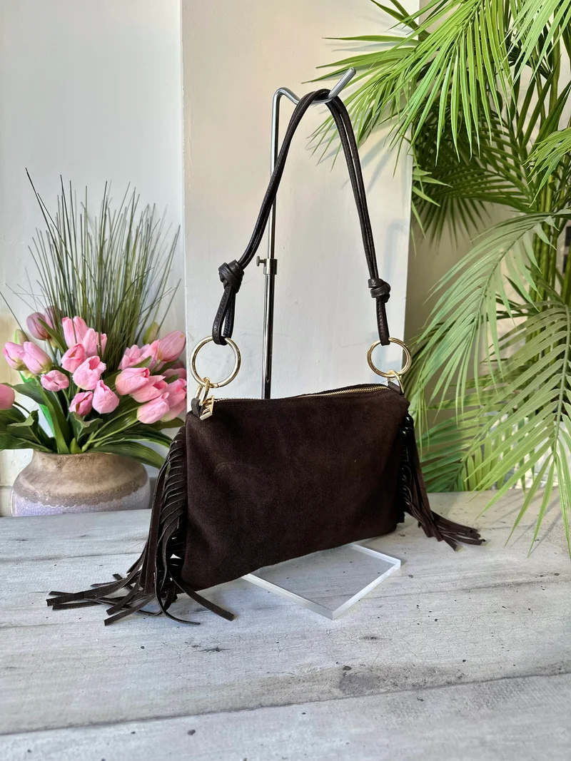 Borsa a Spalla con Manici in Pelle Frange Laterali Marrone Cioccolato Fondente