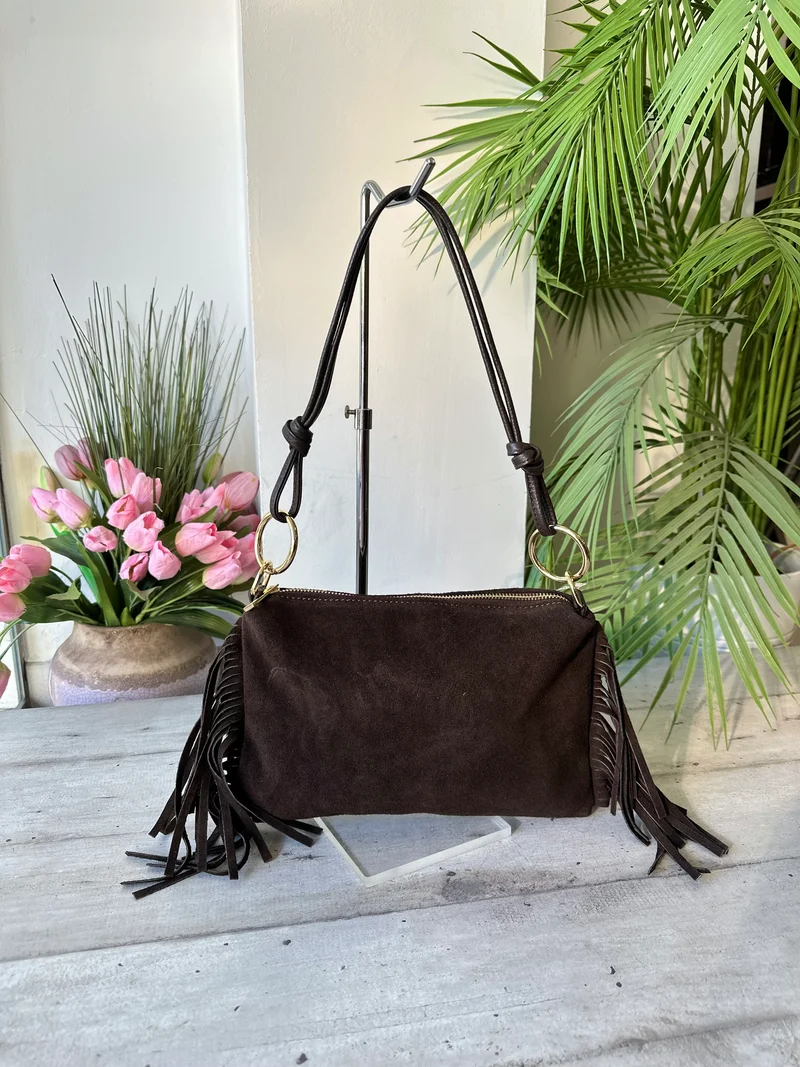 Borsa a Spalla con Manici in Pelle Frange Laterali Marrone Cioccolato Fondente