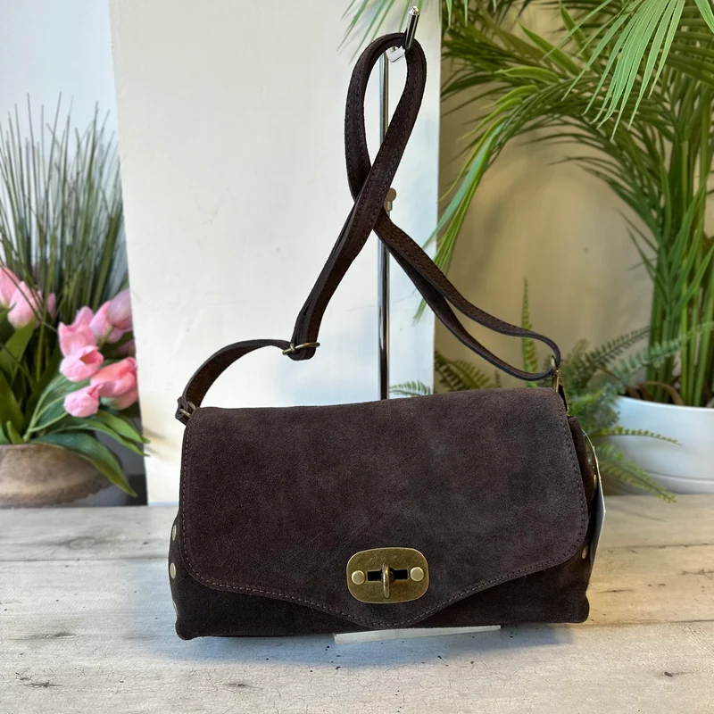 Borsa Baguette pelle scamosciata Marrone con borchiette bronzo