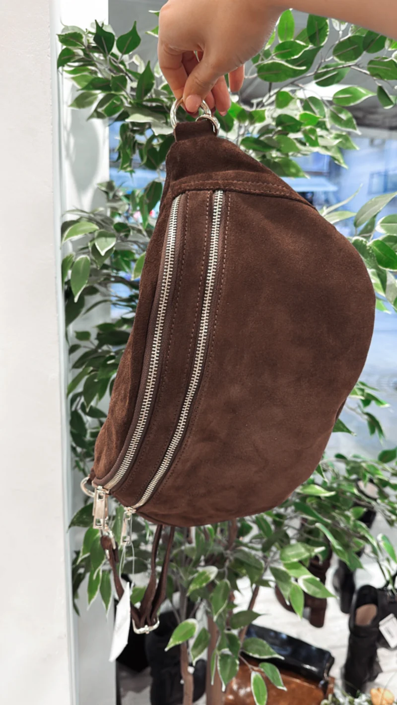 Maxi Marsupio Grande con Zip Vera Pelle Scamosciata Marrone Zip Dorate Noemi