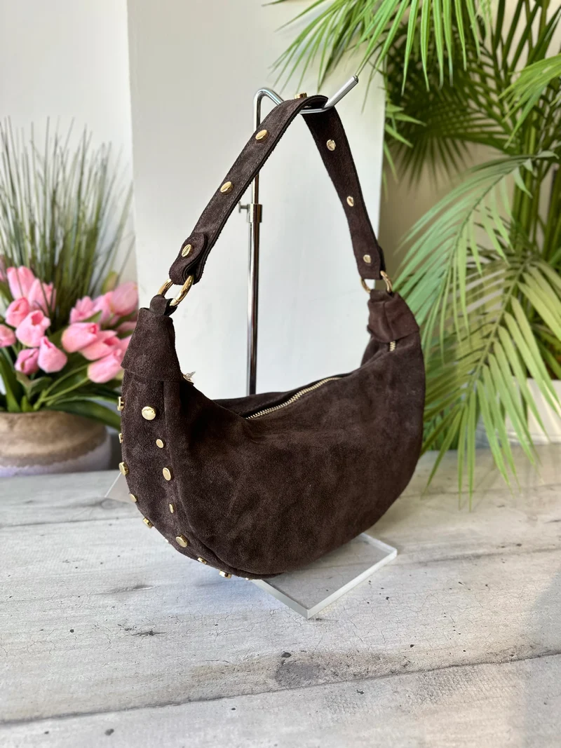Borsa a Spalla Mezzaluna con Borchiette Dorate
