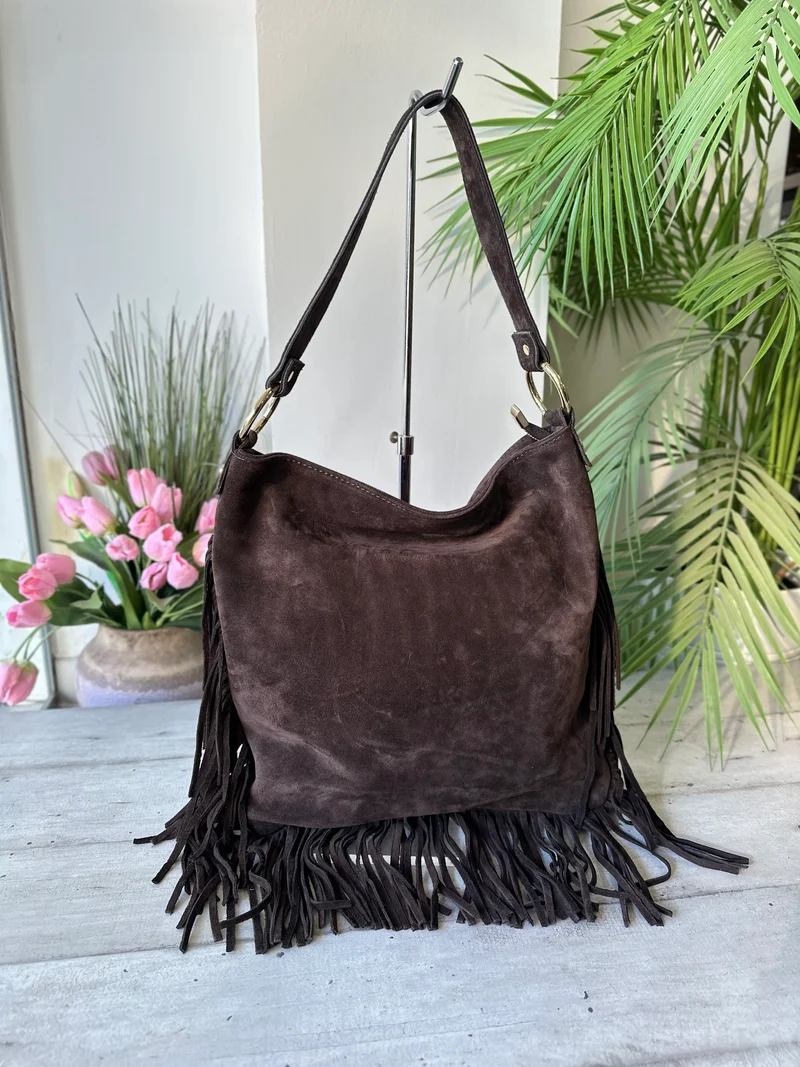 Borsa Grande Frange Pelle Scamosciata Marrone Rettangolare con Anelli e Tracolla