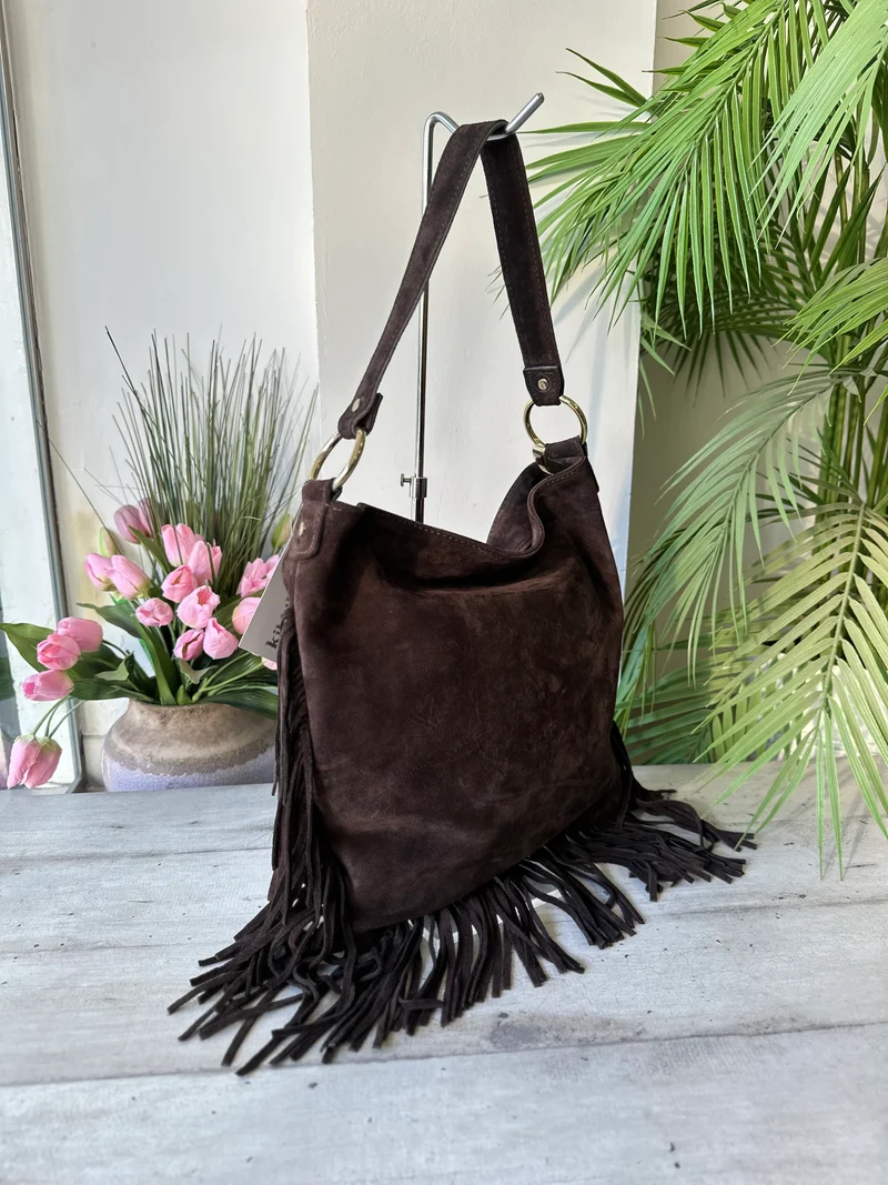 Borsa Grande Frange Pelle Scamosciata Marrone Rettangolare con Anelli e Tracolla
