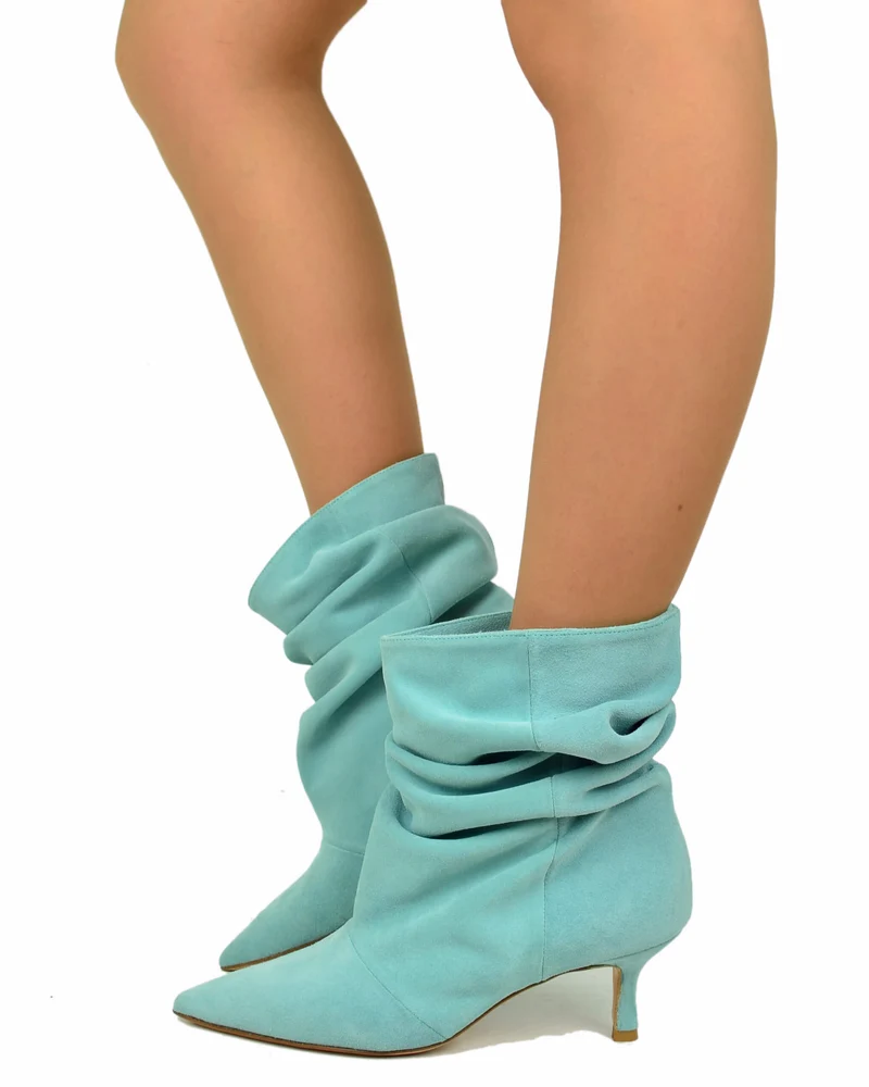 Stivaletti Slouchy Kitten Heels Tacco a Rocchetto Eleganti Pelle Scamosciata Acqua