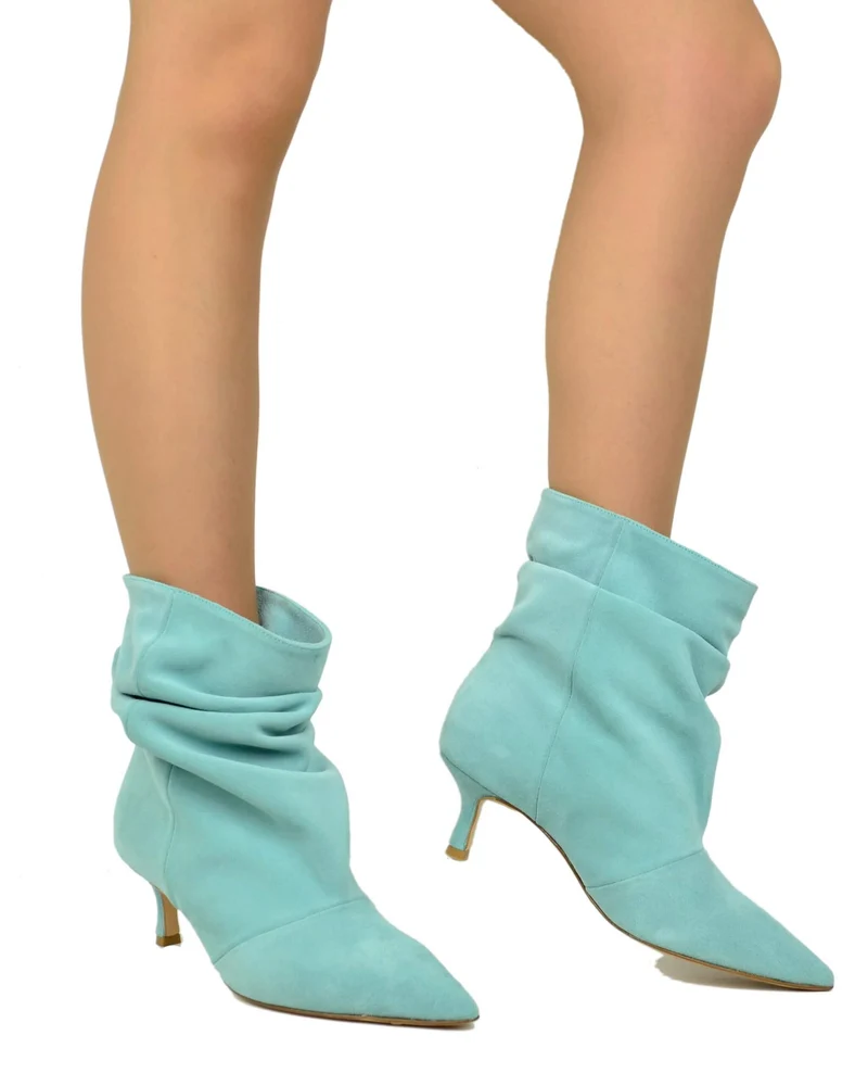 Stivaletti Slouchy Kitten Heels Tacco a Rocchetto Eleganti Pelle Scamosciata Acqua