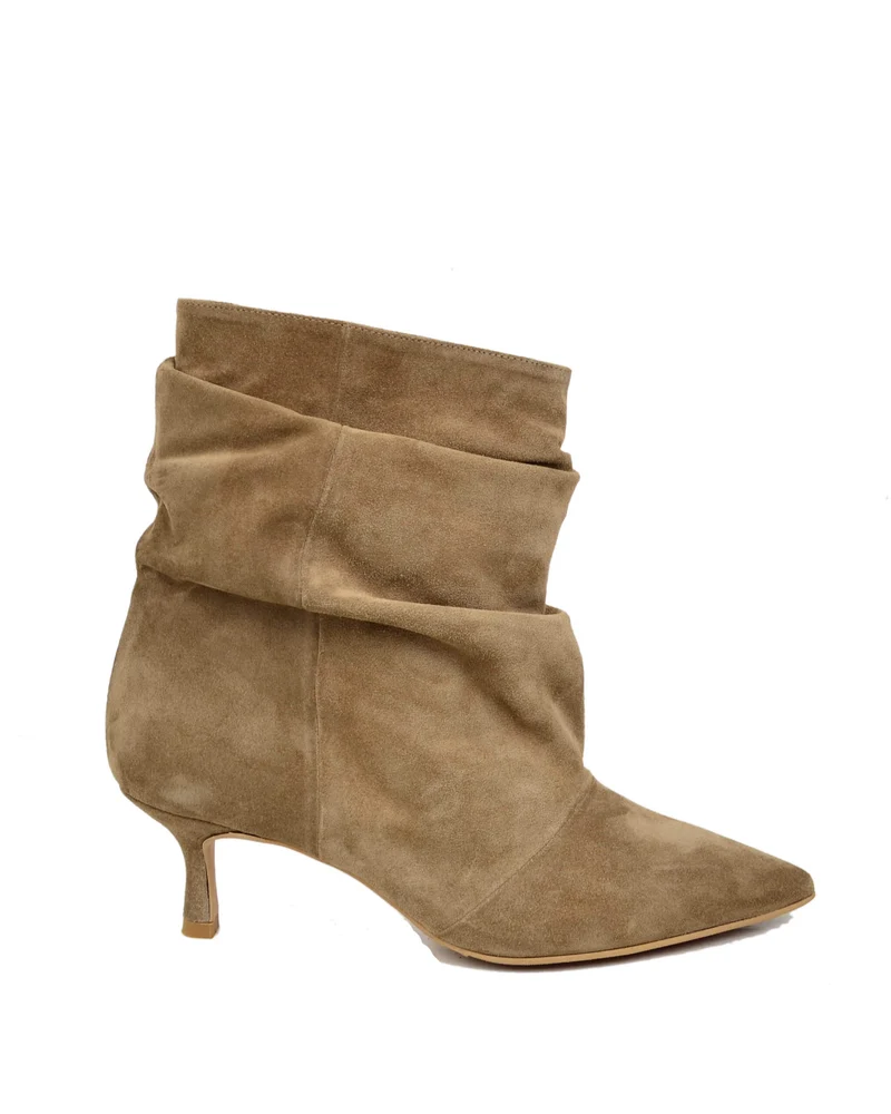 Stivaletti Slouchy Kitten Heels Tacco a Rocchetto Eleganti Pelle Scamosciata Taupe
