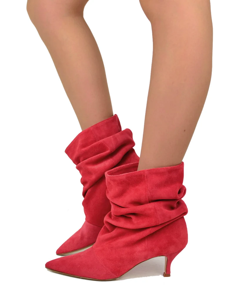 Stivaletti Slouchy Kitten Heels Tacco a Rocchetto Eleganti Pelle Scamosciata Rouje