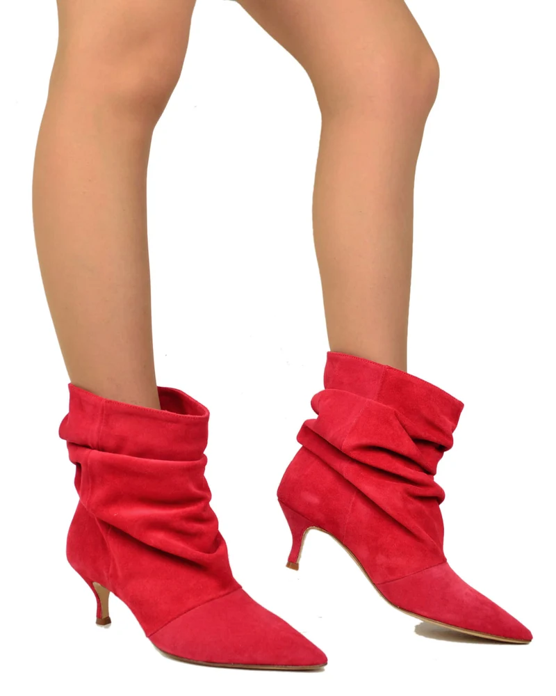 Stivaletti Slouchy Kitten Heels Tacco a Rocchetto Eleganti Pelle Scamosciata Rouje