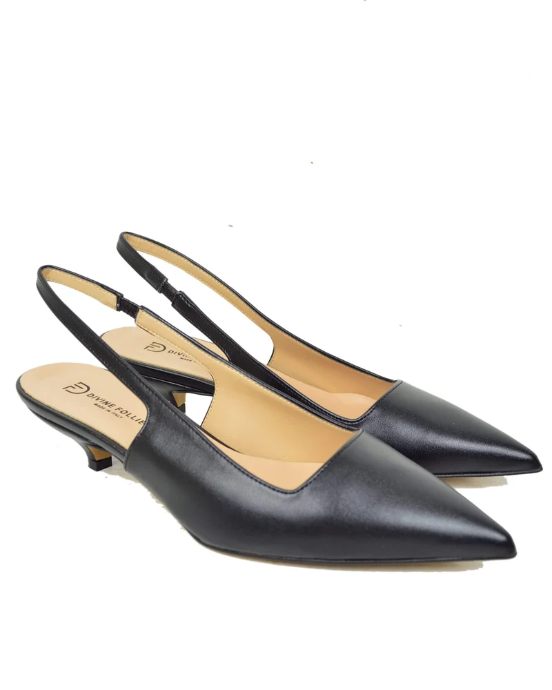 Slingback Decoltè Eleganti Simil Pelle Nere Kitten Heels DIVINE FOLLIE