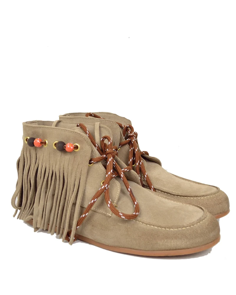 Stivaletti Mocassini alla Caviglia con Frange Scamosciati Mousse con Perline Boho