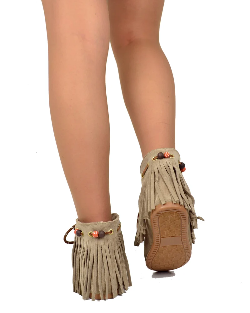Stivaletti Mocassini alla Caviglia con Frange Scamosciati Mousse con Perline Boho