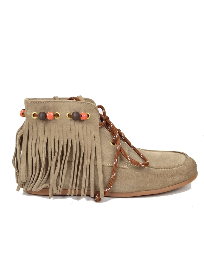 Stivaletti Mocassini alla Caviglia con Frange Scamosciati Mousse con Perline Boho