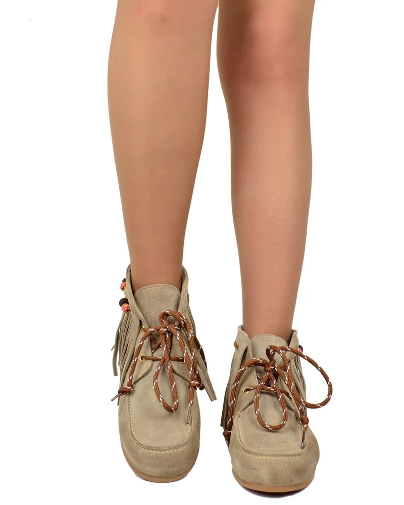 Stivaletti Mocassini alla Caviglia con Frange Scamosciati Mousse con Perline Boho