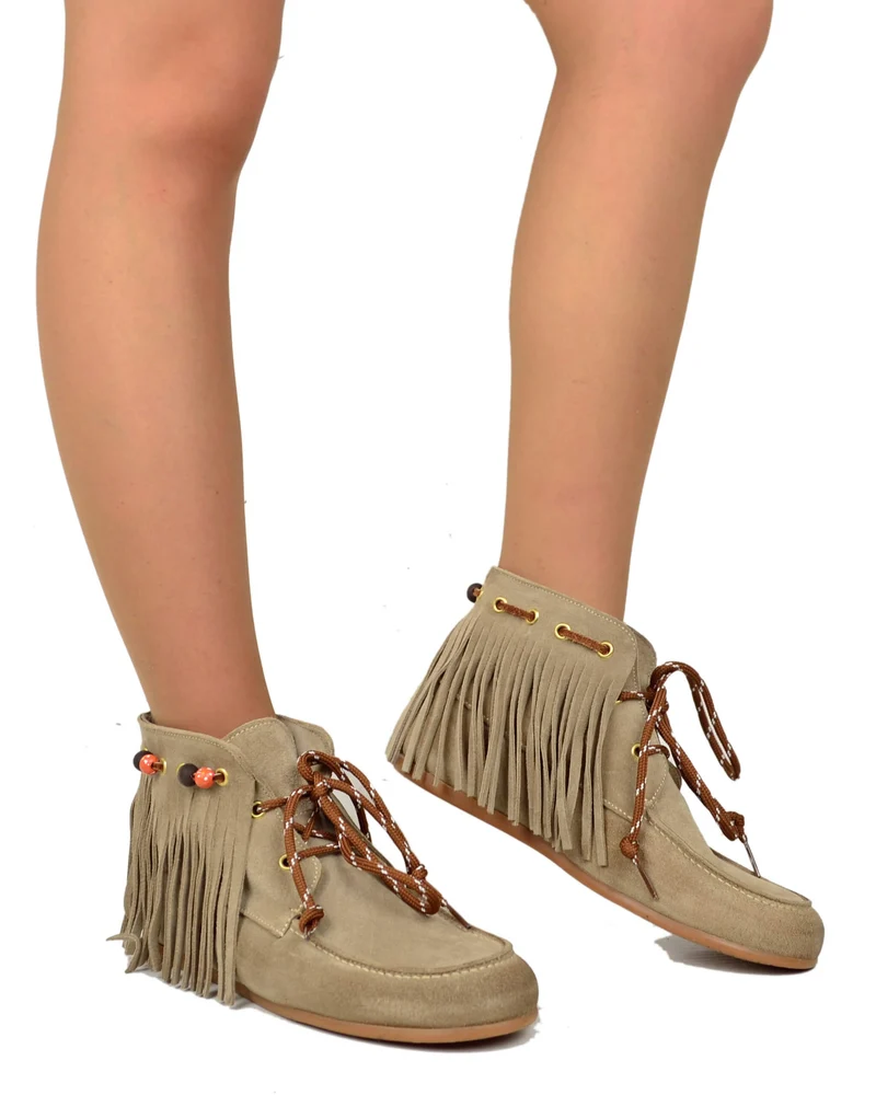 Stivaletti Mocassini alla Caviglia con Frange Scamosciati Mousse con Perline Boho
