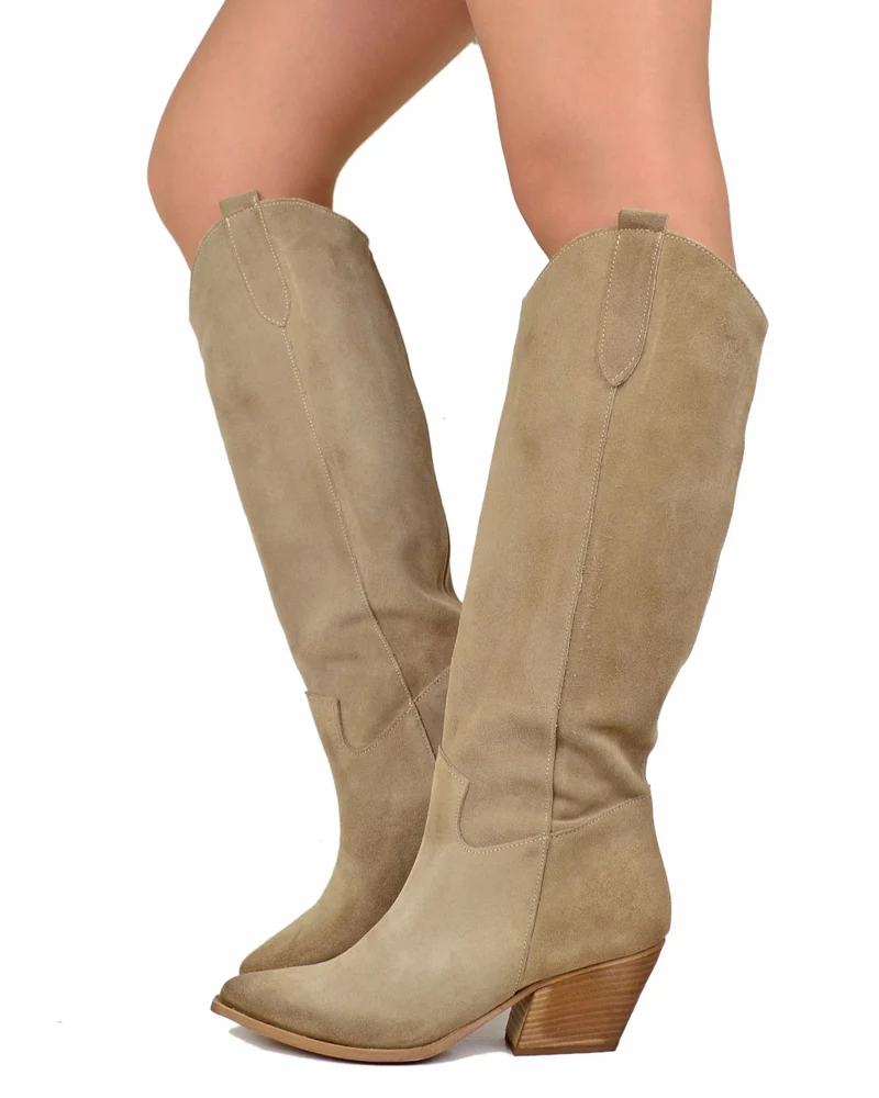 Stivali Texani in Pelle Scamosciata Mousse con Tacco Largo Made in Italy Beige