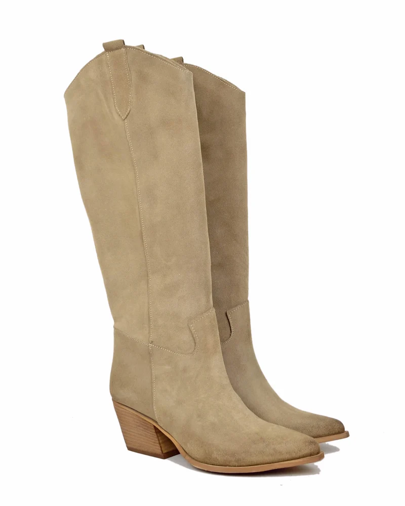 Stivali Texani in Pelle Scamosciata Mousse con Tacco Largo Made in Italy Beige