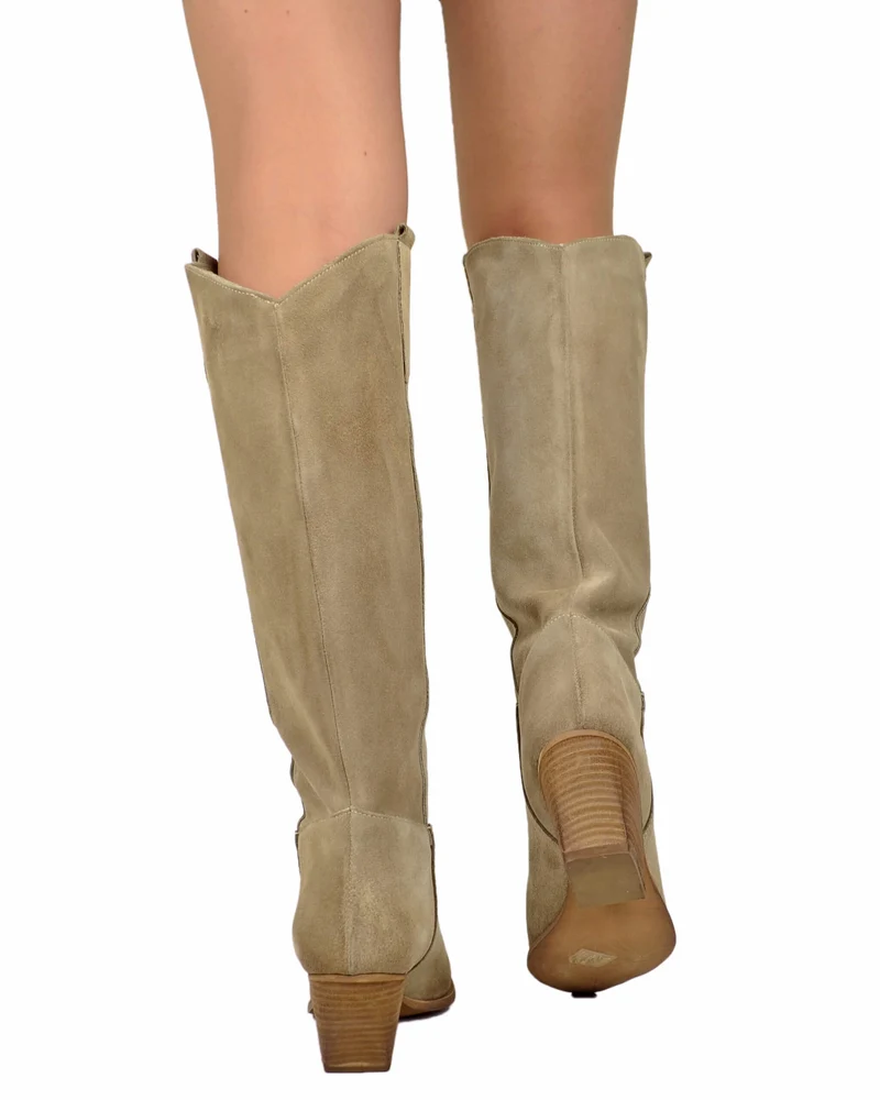Stivali Texani in Pelle Scamosciata Mousse con Tacco Largo Made in Italy Beige