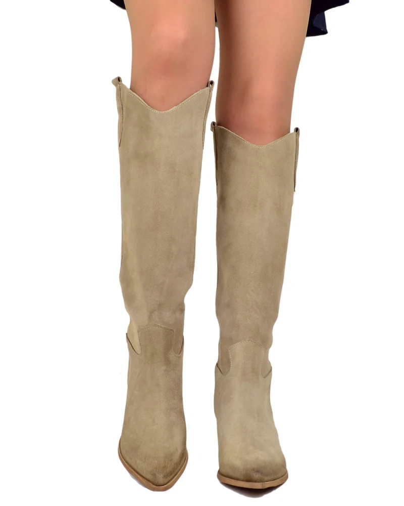Stivali Texani in Pelle Scamosciata Mousse con Tacco Largo Made in Italy Beige