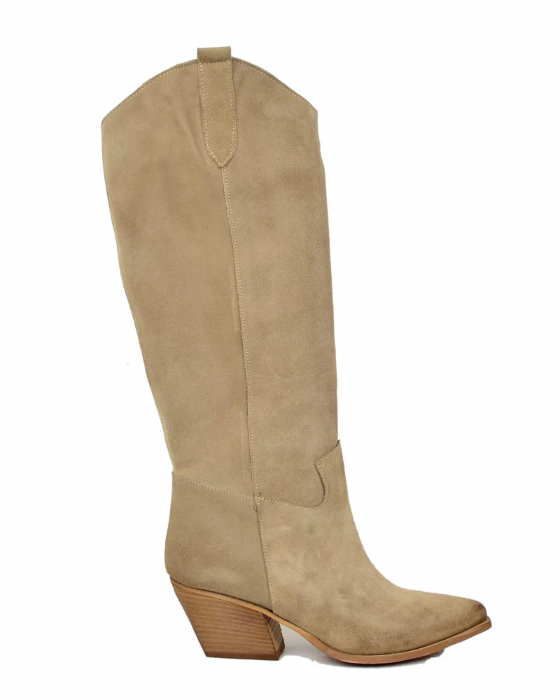 Stivali Texani in Pelle Scamosciata Mousse con Tacco Largo Made in Italy Beige