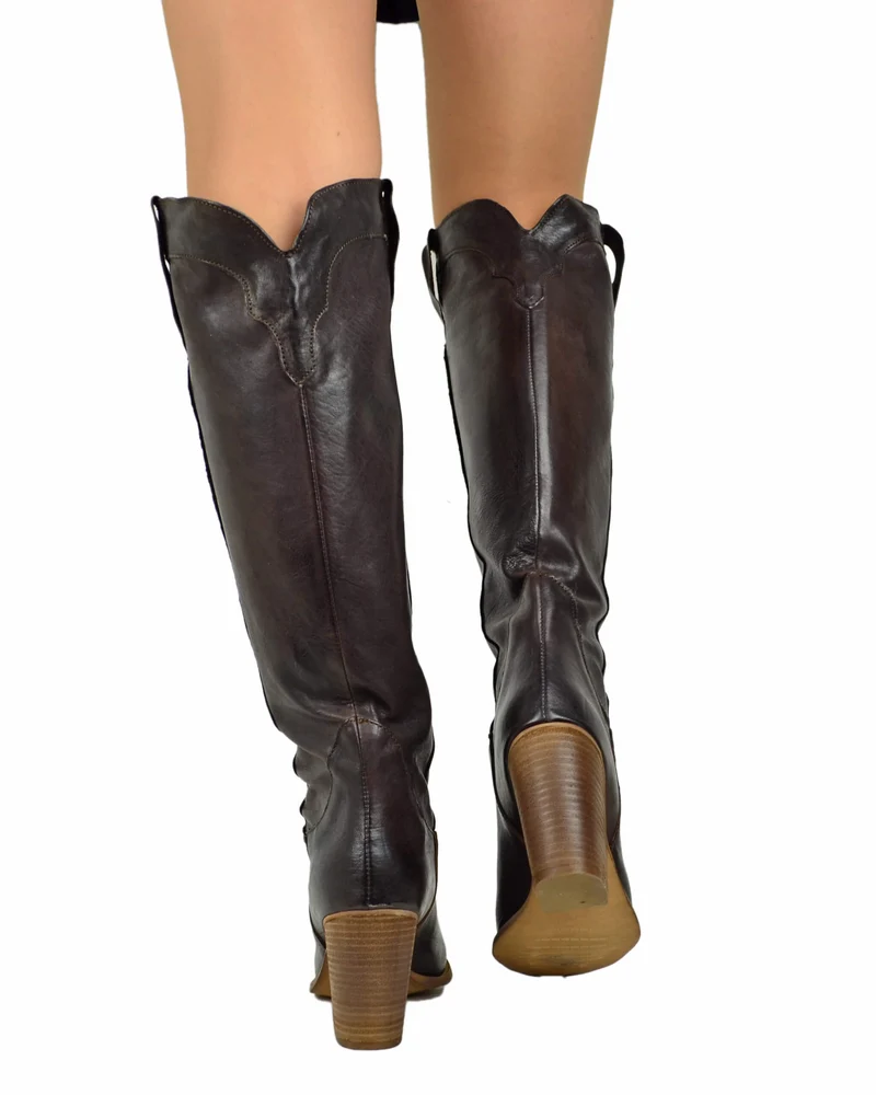 Stivali Alti al Ginocchio Texani Cioccolato Vintage con Tacco 9 cm Vera Pelle Cowboy boots