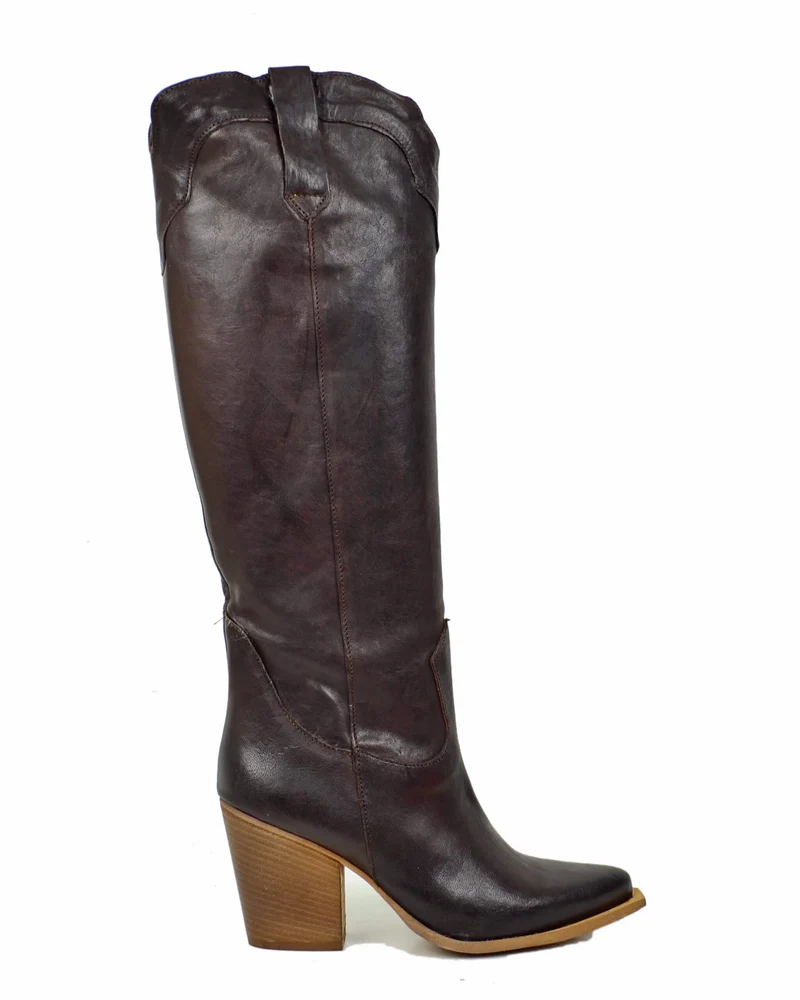 Stivali Alti al Ginocchio Texani Cioccolato Vintage con Tacco 9 cm Vera Pelle Cowboy boots