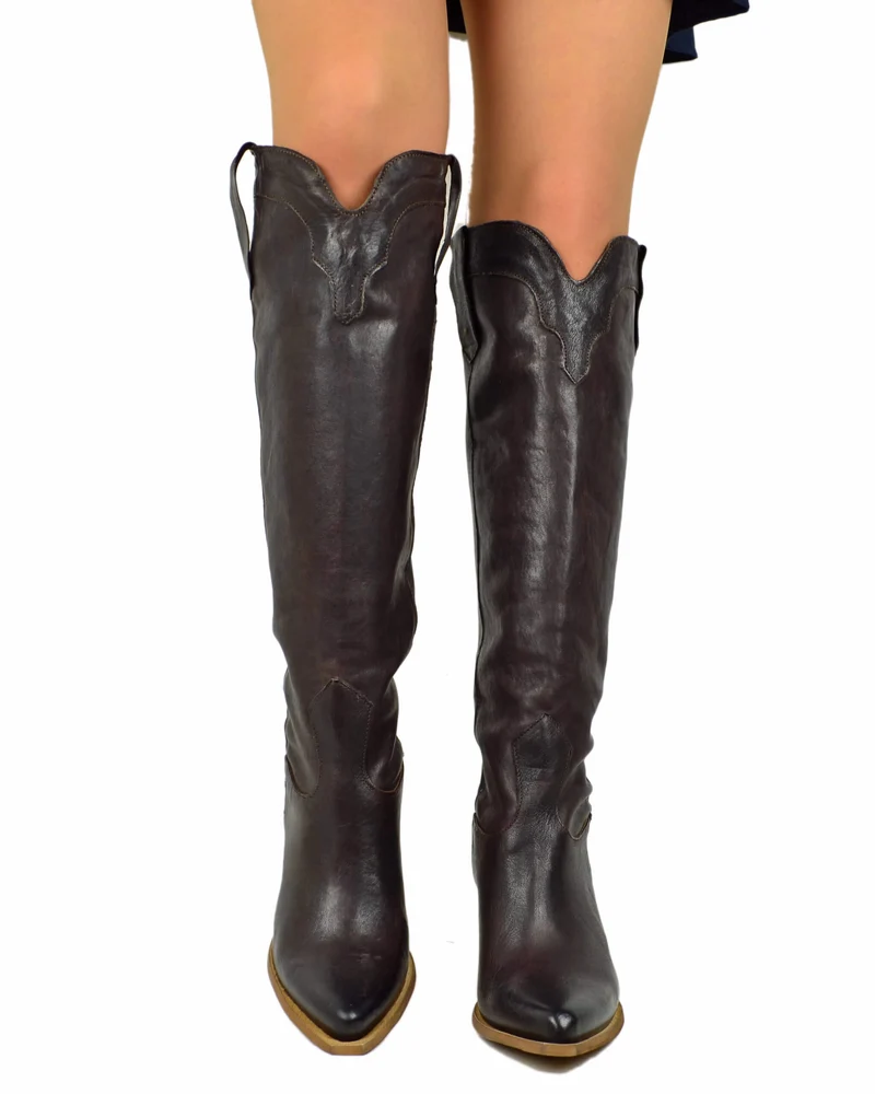 Stivali Alti al Ginocchio Texani Cioccolato Vintage con Tacco 9 cm Vera Pelle Cowboy boots