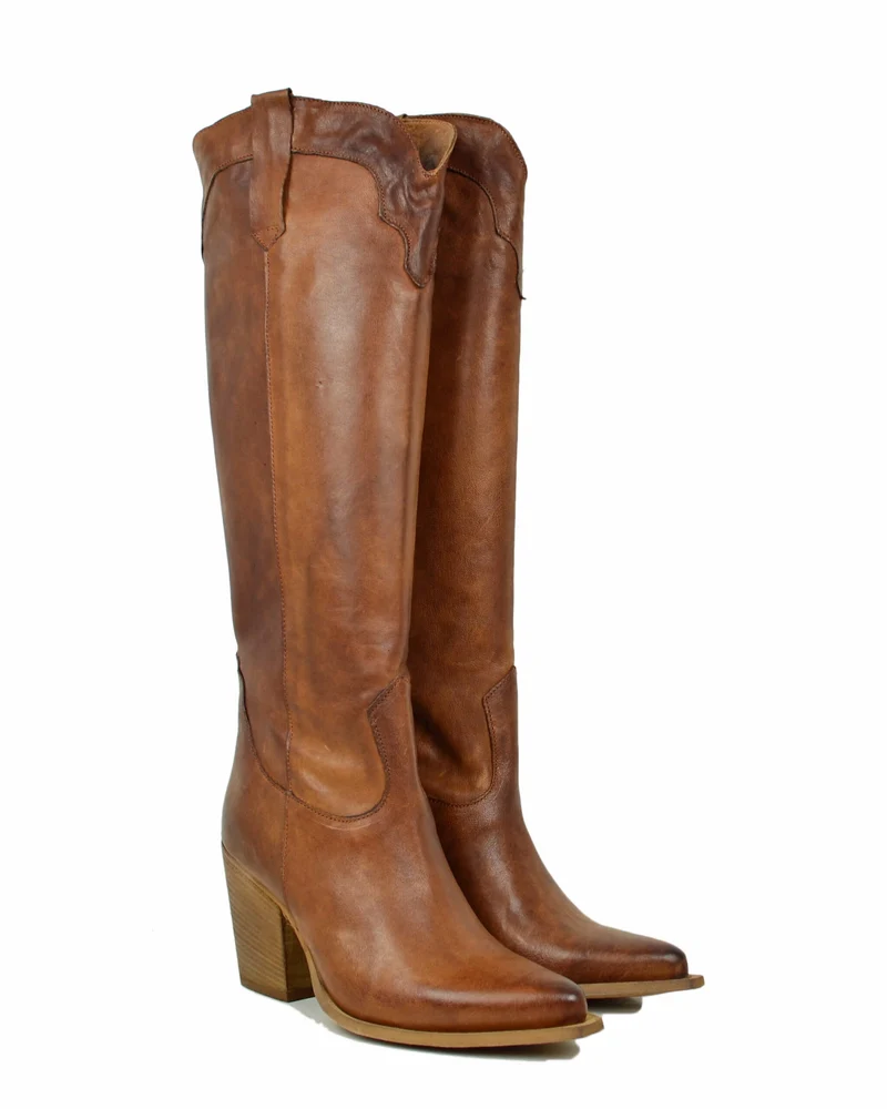 Stivali Alti al Ginocchio Texani Cuoio Vintage con Tacco 9 cm Vera Pelle Cowboy boots