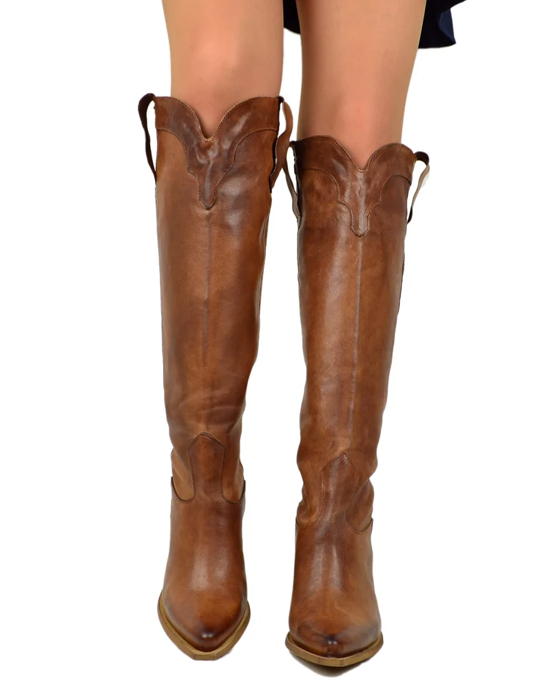Stivali Alti al Ginocchio Texani Cuoio Vintage con Tacco 9 cm Vera Pelle Cowboy boots